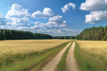 Obraz premium Summer landscape with wheat field dirt road forest and sky