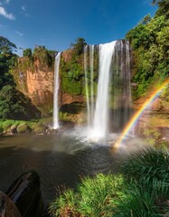 Fototapeta premium Vibrant Rainbow Arcing Over a Serene Waterfall, Nature's Colorful Display
