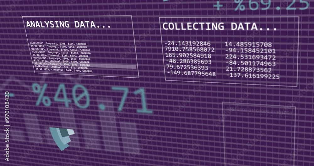 Aufkleber animation of statistics and data processing over purple background