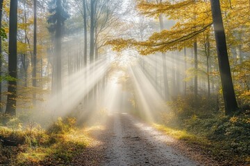 Naklejka premium Sunbeams light up autumnal footpath in foggy forest
