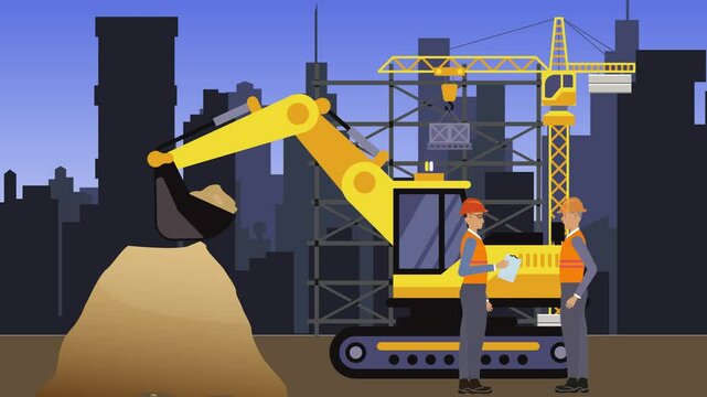 Working on Construction site, on the edge of town with engineers and building machines animation
