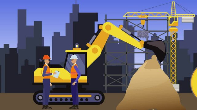 Working on Construction site, on the edge of town with engineers and building machines animation