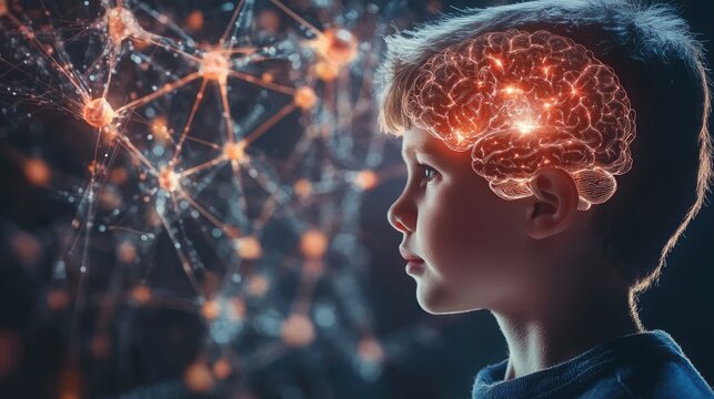 Child with glowing brain concept.