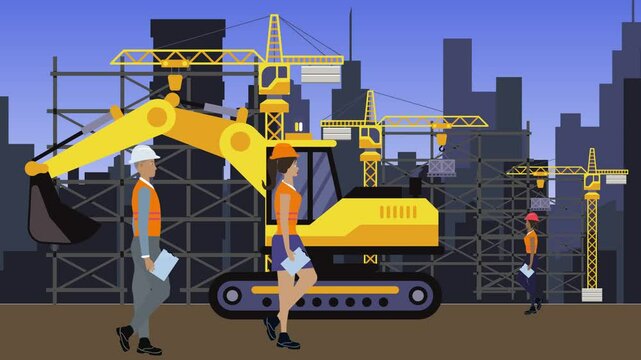 Working on Construction site, on the edge of town with engineers and building machines animation