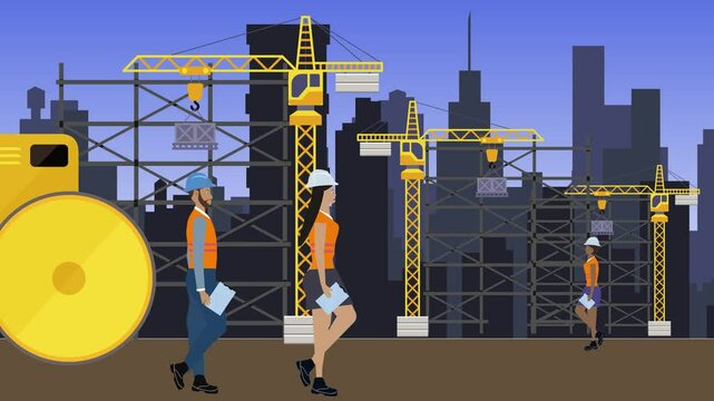 Working on Construction site, on the edge of town with engineers and building machines animation