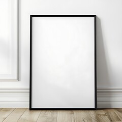 Blank black picture frame mockup on white wall
