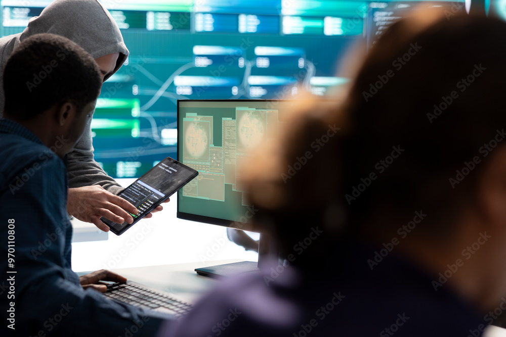Poster governmental hacker expert working on securing digital information, analyzes intelligence on big scr