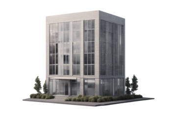 Front view of a single small office building isolated on transparent background