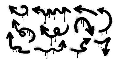 Set of arrows in hand drawn style. Icon. Brush. Charcoal and crayon. Drawing. Scribble pencil. Grunge texture shape. Trendy elements. Collection graffiti. Spray, dots. Melted paint. Ink. Freehand.