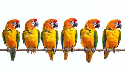 Six colorful macaws perched on a branch, isolated on white background.