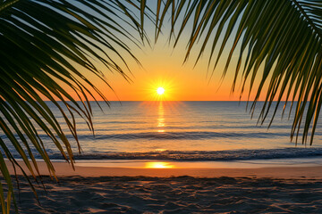 Sunrise over the ocean with palm tree leaves framing the view.