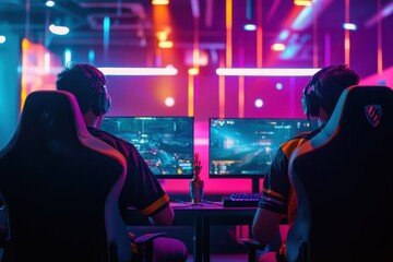 Two pro gaming esport teams compete in online streaming tournament for championship in stylish neon cyber games arena with center trophy