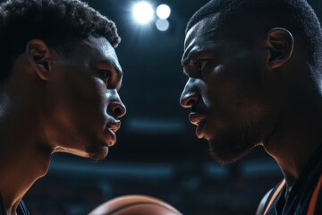 Two professional basketball players on court before game Face off holding ball close up