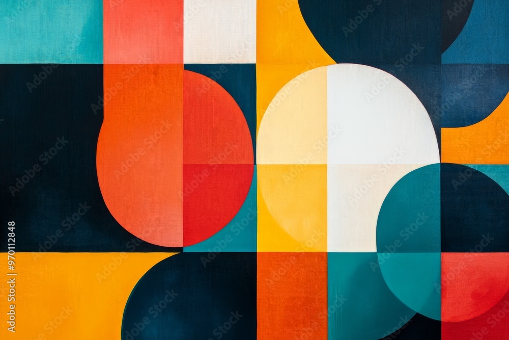 Poster this artwork showcases a lively abstract painting composed of geometric patterns including circles, 