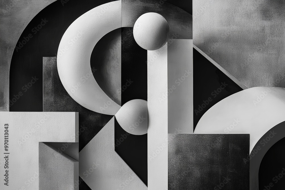 Aufkleber This artistic image showcases a composition of black and white geometric shapes, creating an abstract and modern visual effect that highlights contrast and form.