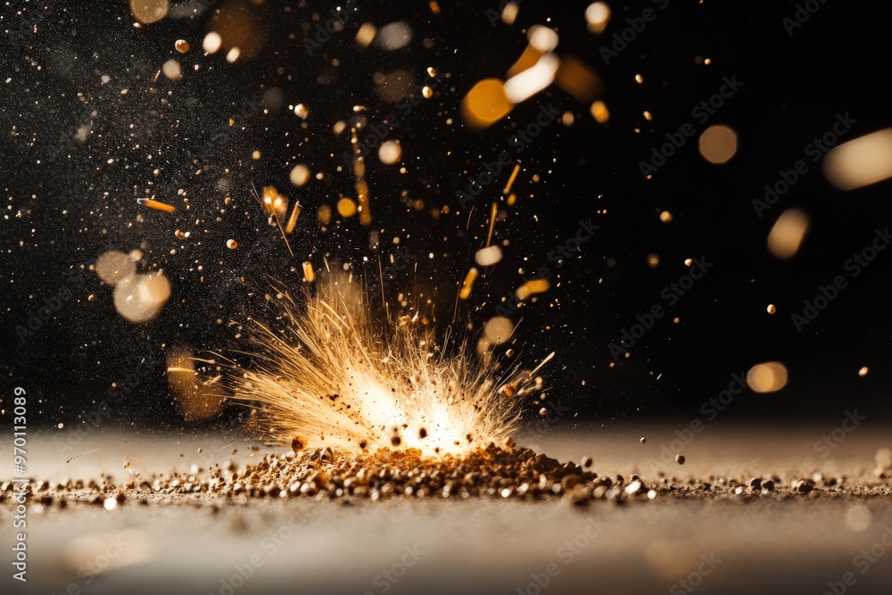 Poster a visually striking image showing a powerful explosion of golden bursts and metallic sparks, symboli
