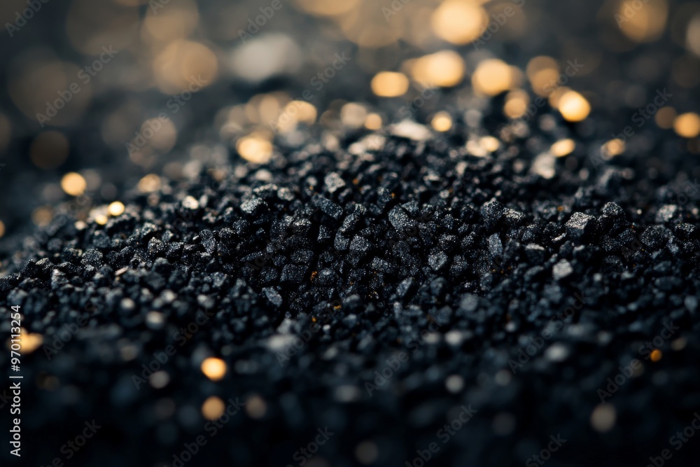 Poster this close-up image captures the intricate textures of black granular material with shimmering golde