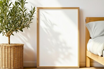 Stylish home interior with a brown mock-up frame, vintage accessories, plant, rattan basket, orange chair, and gold vase. Cozy home decor with a minimalistic concept and modern cupboard composition."