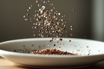Falling peppercorns are captured in mid-air as they descend into a white plate, freezing a dynamic moment that emphasizes movement and culinary creativity.