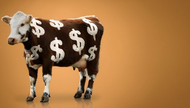 A funny animal image of a brown cow with white dollar sign markings on fur. Cash cow concept of investment, income and business profits.