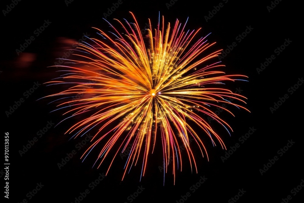 Poster magnificent display of colorful fireworks bursting open in a pitch-black night sky, creating a mesme