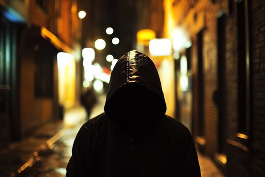 A mysterious hooded figure stands in a poorly lit alleyway at night, with blurred lights in the background creating an enigmatic and tense atmosphere, highlighting suspense and mystery.
