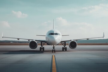 Naklejka premium White plane prepared for takeoff on runway
