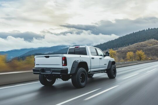 White pickup truck with black box drives on highway Off Road package includes skid plates mud flaps all terrain tires and suspension lift for off road use