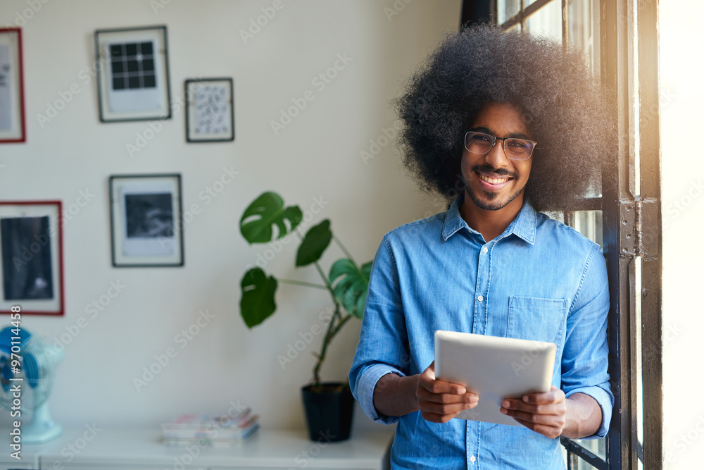 Aufkleber portrait, smile and tablet with designer man in creative workplace for administration or web develop
