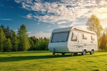 White RV on a green campsite lawn Sunny spring day in Europe Lifestyle travel ecotourism road trip