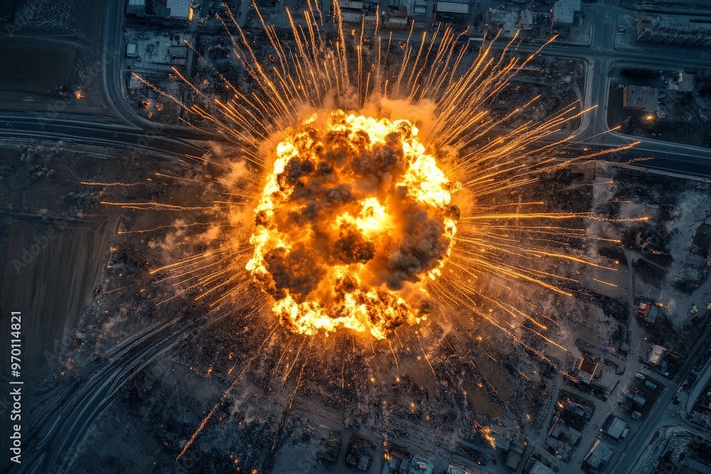Poster dramatic aerial view capturing the moment of a powerful explosion, showcasing fiery debris and inten