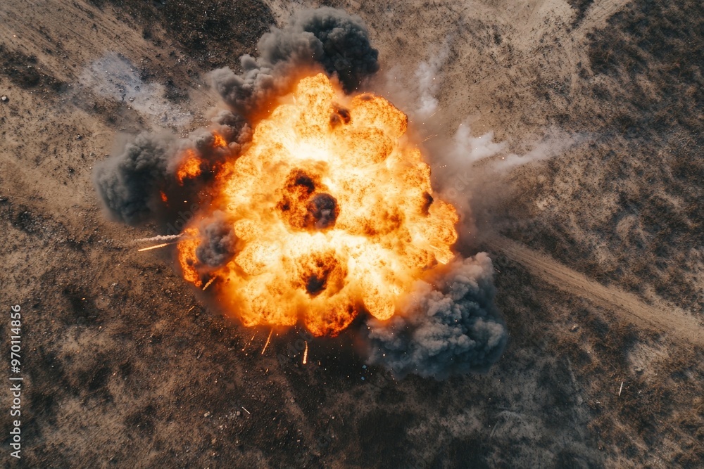 Poster intense aerial close-up capturing a massive explosion emitting dark smoke and bright flames, highlig