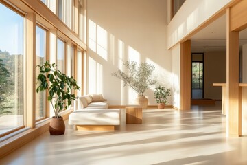 Fototapeta premium A modern, sunlit living area designed with large windows, minimalist furniture, and an assortment of greenery, presenting a calm and aesthetically pleasing environment bathed in natural light.