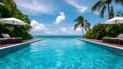 Fototapeta premium Tropical Poolside Relaxation With Lounge Chairs