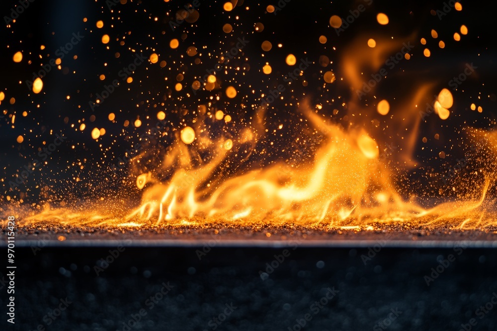 Aufkleber Fiery flames dancing and sparking in a dark background, creating a dynamic and dramatic scene filled with intense energy and a spectacular display of light.