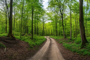 Obraz premium Widescreen view of a lush spring forest with empty road