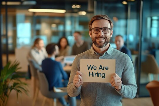 An inviting job advertisement with a smiling man holding a 'We Are Hiring' sign, set inside a modern office environment to represent a welcoming and engaging work culture. - Powered by Adobe