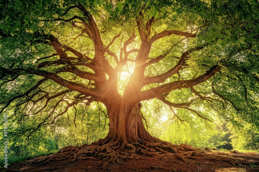 Poster a majestic tree with extensive branches and roots is beautifully illuminated by sunlight, showcasing