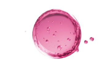Round drops of pink oil levitate isolated on transparent background