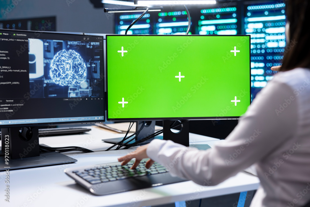 Aufkleber programmer doing checkup on green screen computer in server room used for artificial intelligence wo