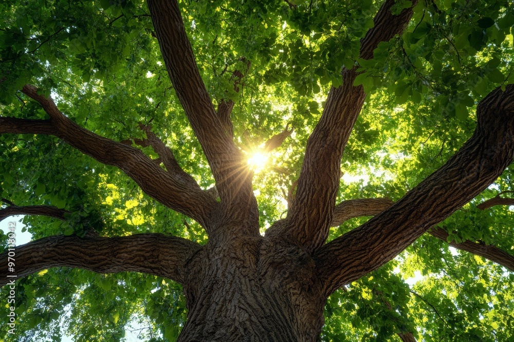 Aufkleber a view from beneath an expansive tree with sunlight filtering through the leaves, encapsulating the 