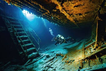 a man scubas in a deep blue ocean