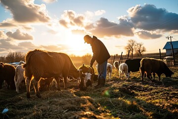 A man in a hat feeding cattle on a sunny day in the countryside.