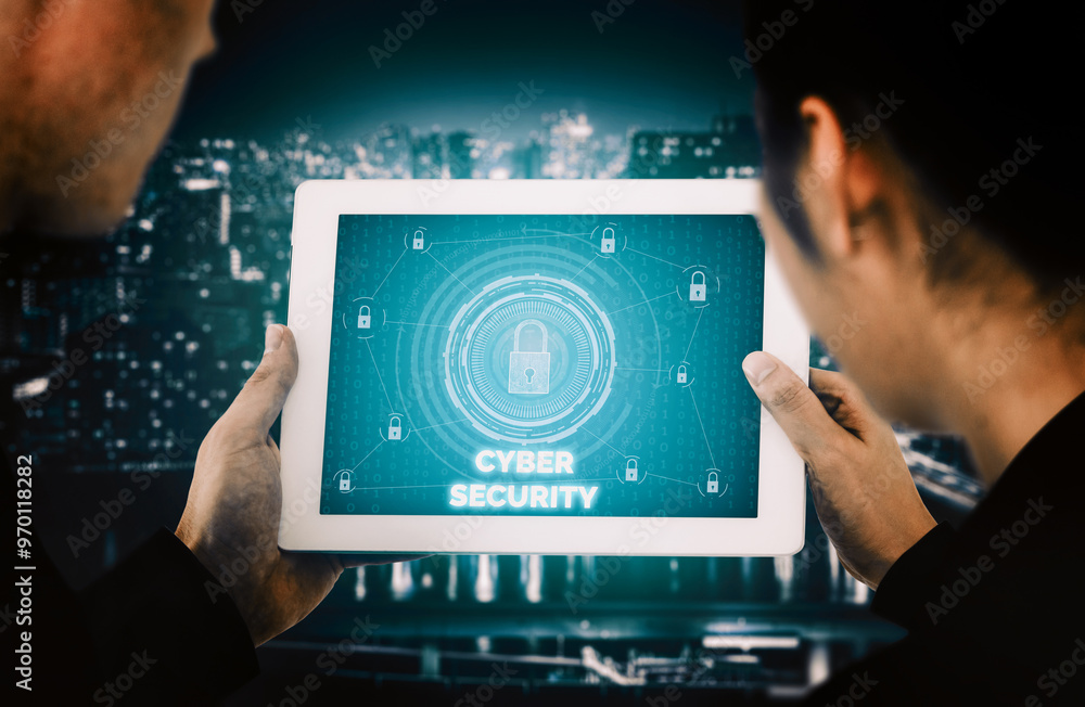 Aufkleber cyber security and digital data protection concept. icon interface showing secure firewall technolog