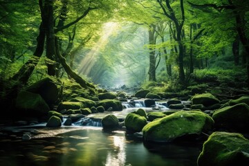 a stream running through a lush green forest