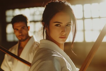 Woman martial artist in traditional attire practices with male partner using wooden swords in a sunlit dojo
