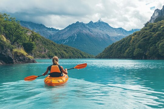 Woman kayaks in turquoise lake in Patagonia Chile - Powered by Adobe