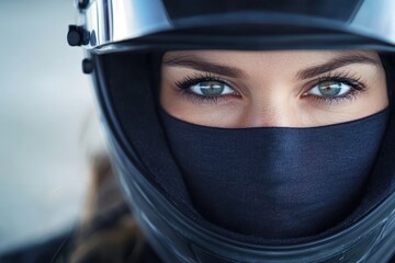 Woman race car driver wears helmet and balaclava