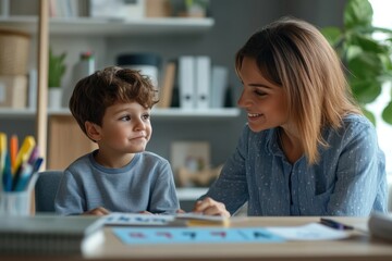 Woman speech therapist helping dyslexic child learn letters playing games in office