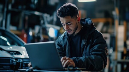 Mechanic working on a laptop in garage